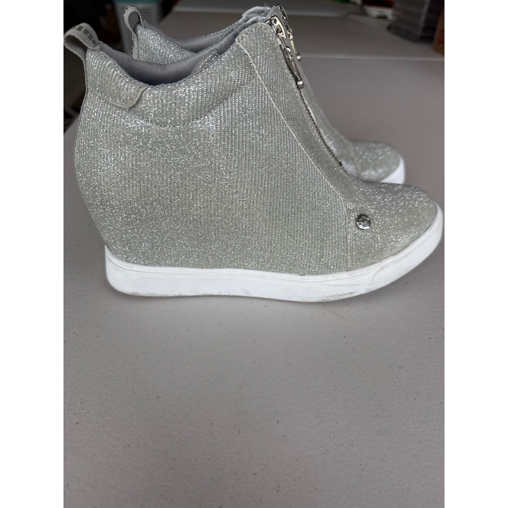 Juicy Couture Joann Silver Glitter Wedge Sneakers High Top Front Zip Size 7